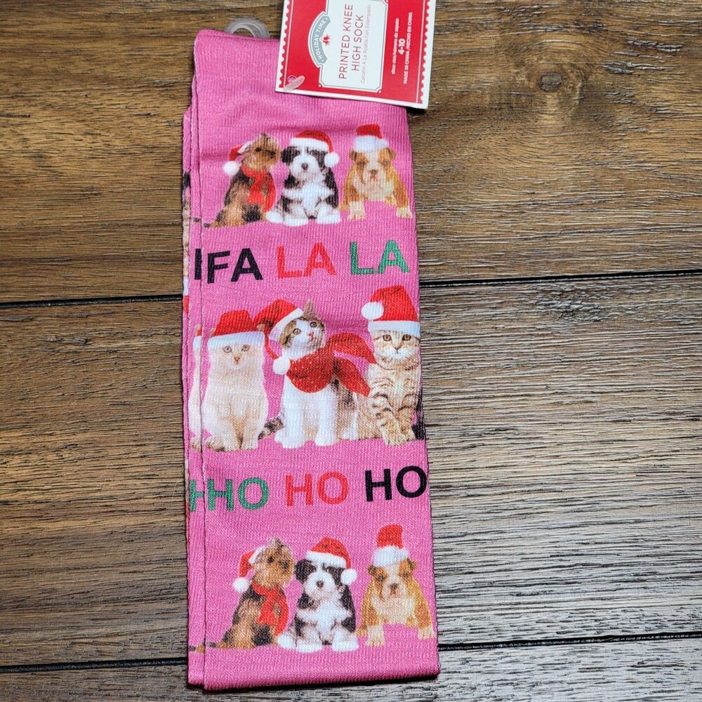 Holiday Time Printed Knee High Socks Christmas Dogs & Cats - Shoe Size 4-10 NWT